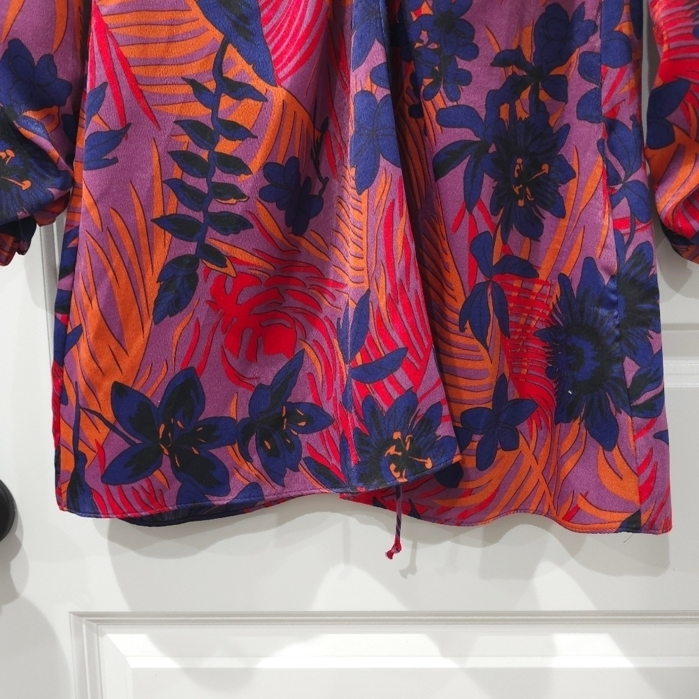 ZARA Vibrant Floral Long Sleeve Mini Dress, Ruched Sleeves, Tie Vneck Front, M - Picture 9 of 15
